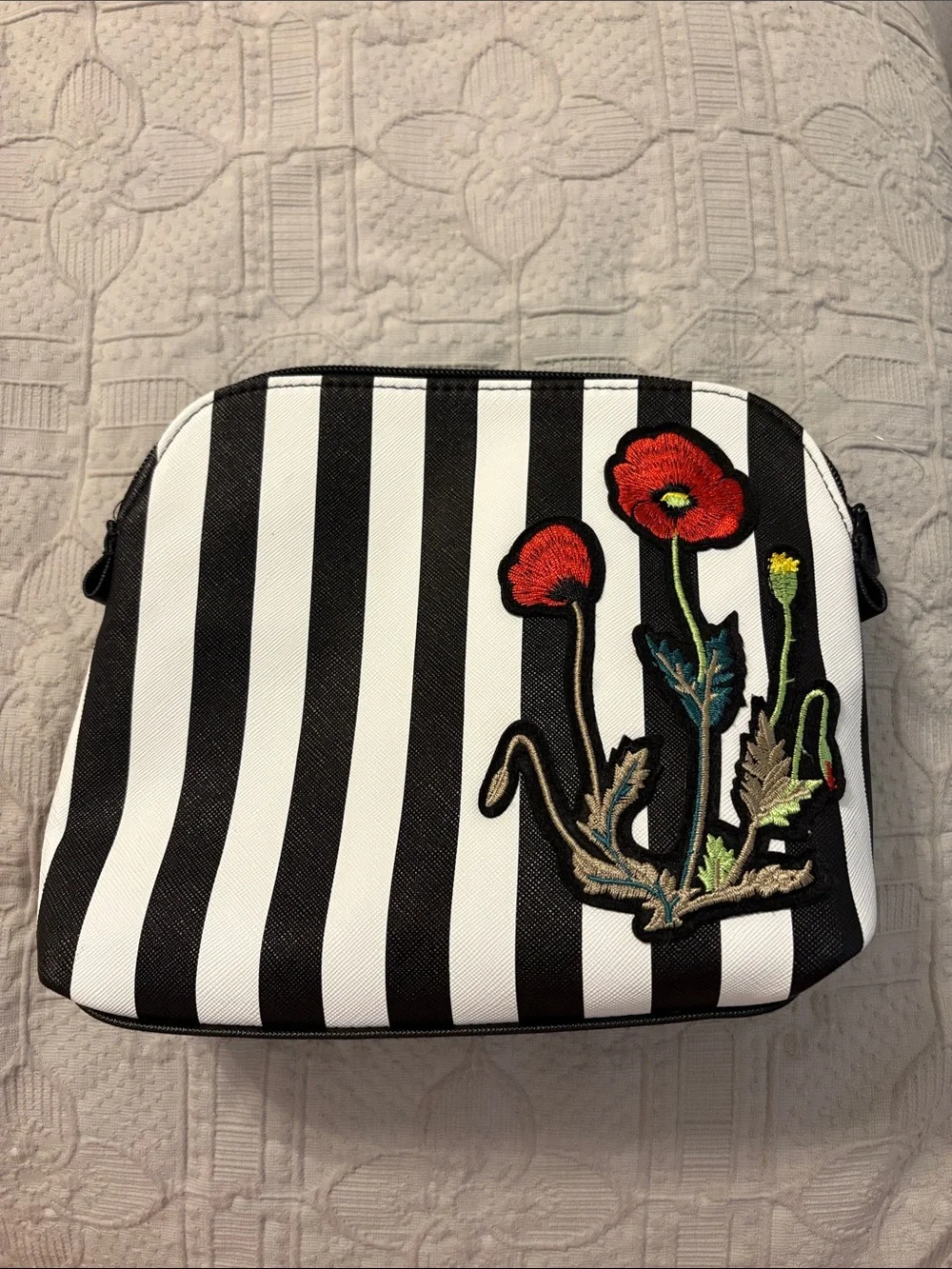 Nordstrom Striped Floral Applique Crossbody Bag - Black & White with Red Flowers